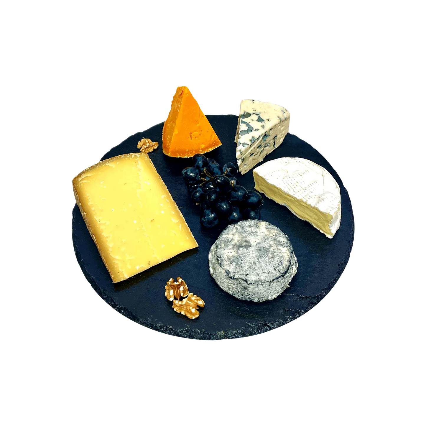 Auswahl an fünf verschiedenen Käseklassikern wie Camembert, Selles nur Cher, Roquefort, Mimolette und Comte